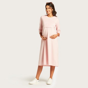 Love Mum Striped Round Neck Maternity Dress with Long Sleeves