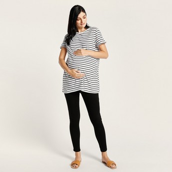 Love Mum Striped Round Neck Maternity T-shirt with Short Sleeves