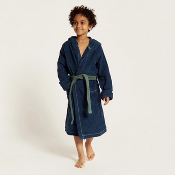 Textured Hooded Bathrobe with Long Sleeves and Tie-Up Belt