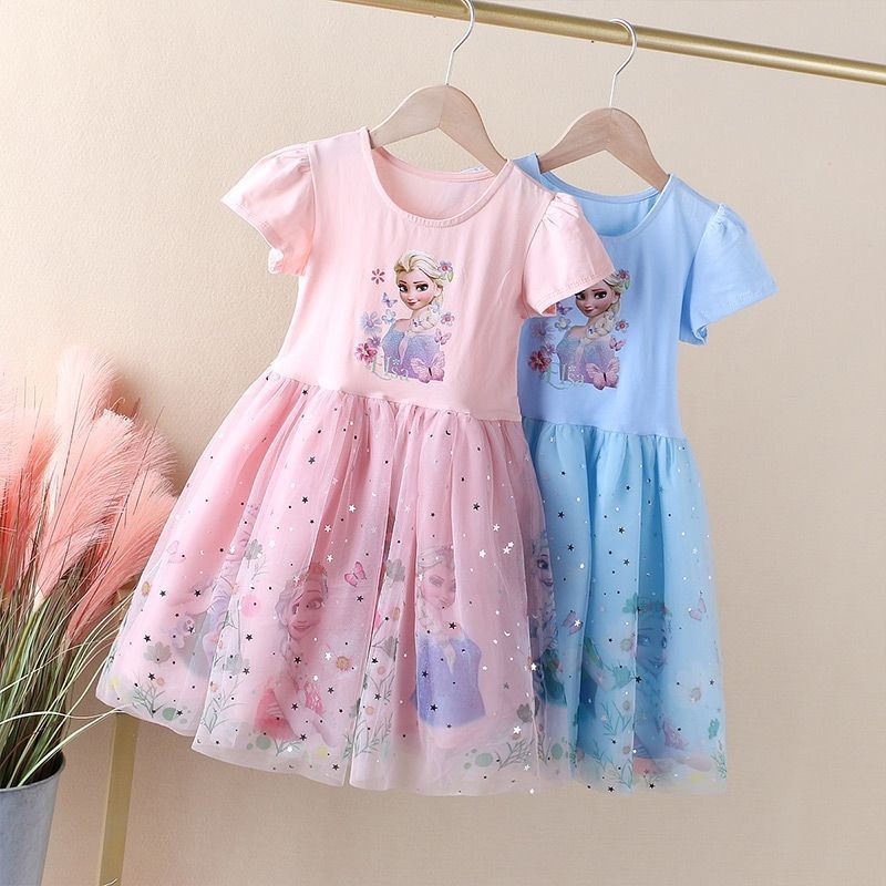 Summer 2022 Cartoon Girls Dress Princess Elsa Baby Dresses Toddler Kids Short Sleeve Cute Party Dresses