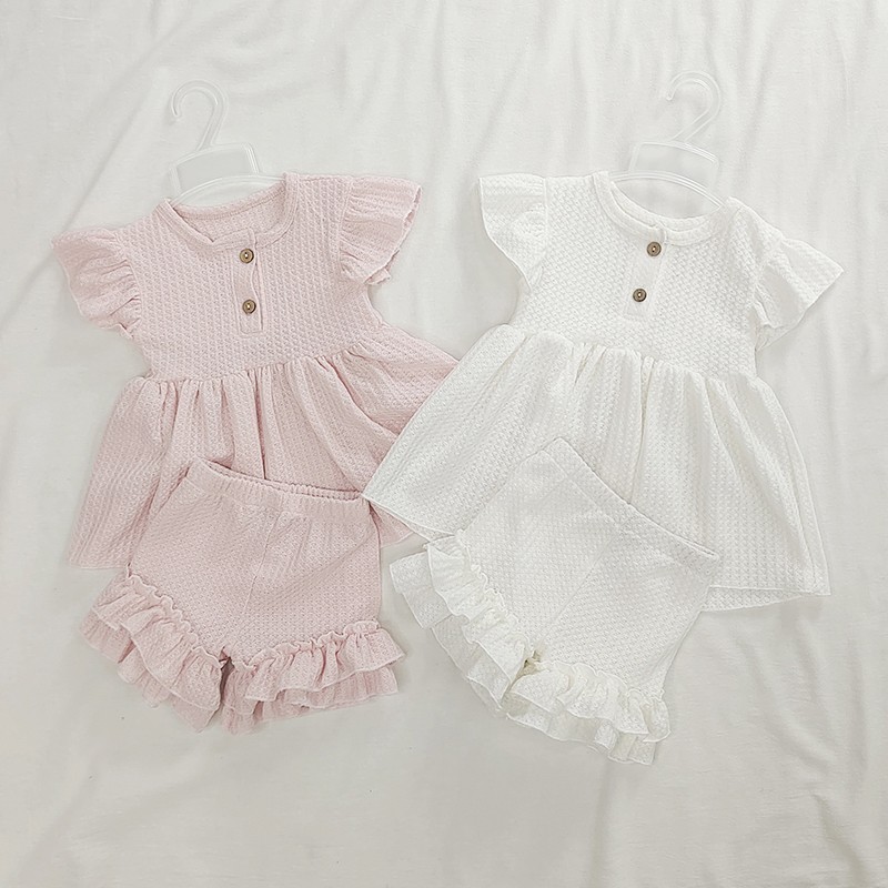 Fashion Baby Dress Clothes Set Newborn Cotton Waffle Princess Girls Top Flying Sleeves Buttons Ruffles A-Line Dress Shorts Set