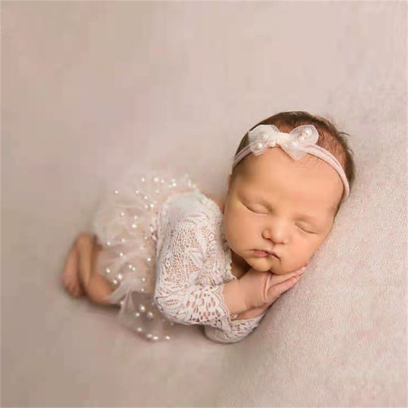 Newborn Baby Photography Clothes Fairy Lace Dress Pearl Beading Romper Skirt Headband 3pcs Sets Infant Girl Princess Outfis