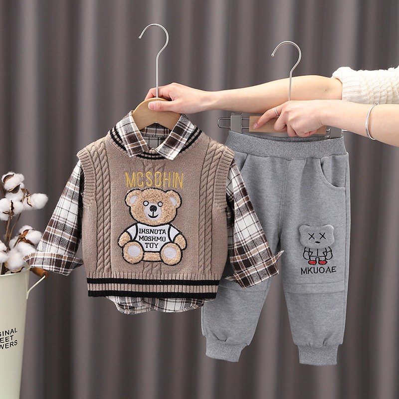 OLEKID 2022 New Spring Autumn 3pcs Boys Clothes Set Cartoon Bear Sweater Sweater Long Sleeve Shirts Cotton Pants Baby Boys Clothes