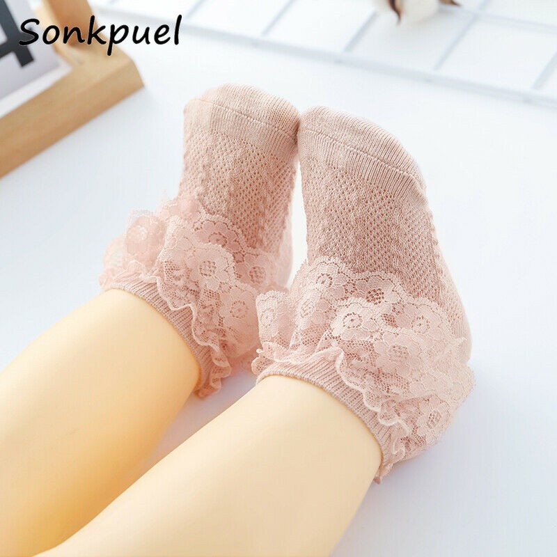 Breathable Cotton Socks with Lace for Little Girl Mesh Ruffle Socks for Kids White Pink Yellow Ankle Socks