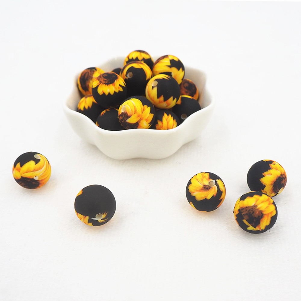 Chenkai 50pcs 15mm Sunflower Print Silicone Baby Beads Round Shape Teething Beads BPA Free DIY Sensory Chew Toy Accessories