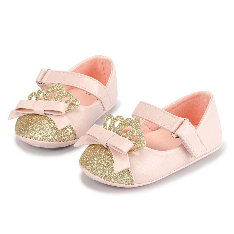 Baby Girls Shoes Pink Bling Crown Princess Shoes Anti-slip Flat Rubber Sole Newborn First Walkers Baby Girls Shoes