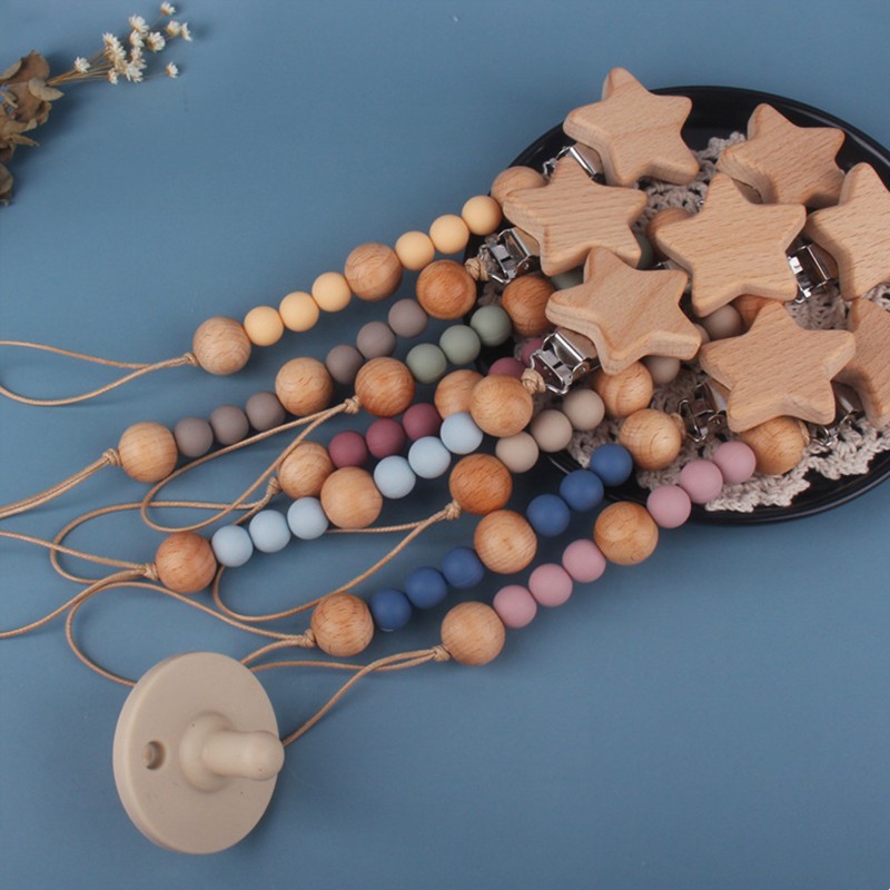 Safety Wooden Baby Infant Toddler Doll Pacifier Silicone Nipple Soother Clip Chain Strap Holder Baby Chew Teether Toy Teething