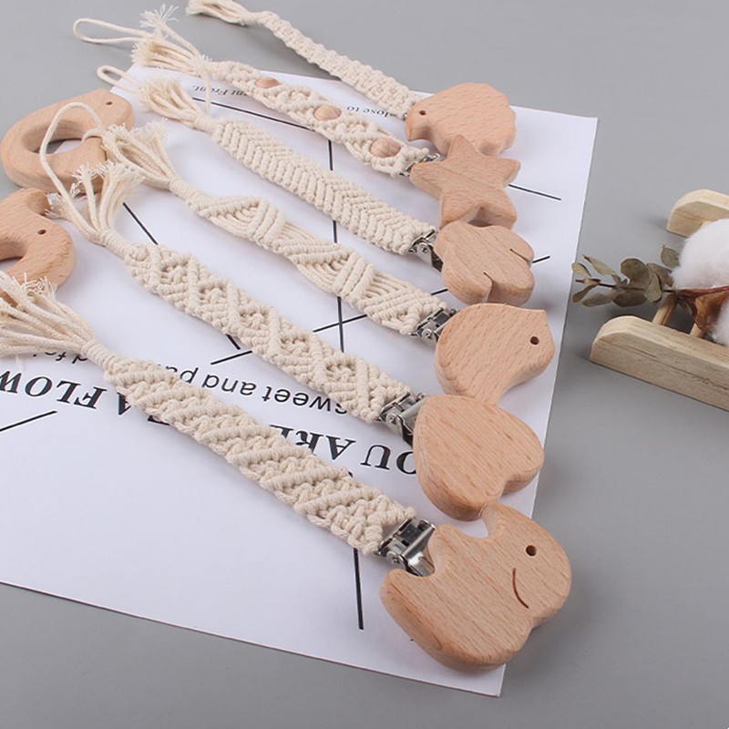 Safety Braided Cotton Rope Baby Toddler Doll Pacifier Soother Nipple Chain Strap Holder Handmade Wooden Pacifier Clips