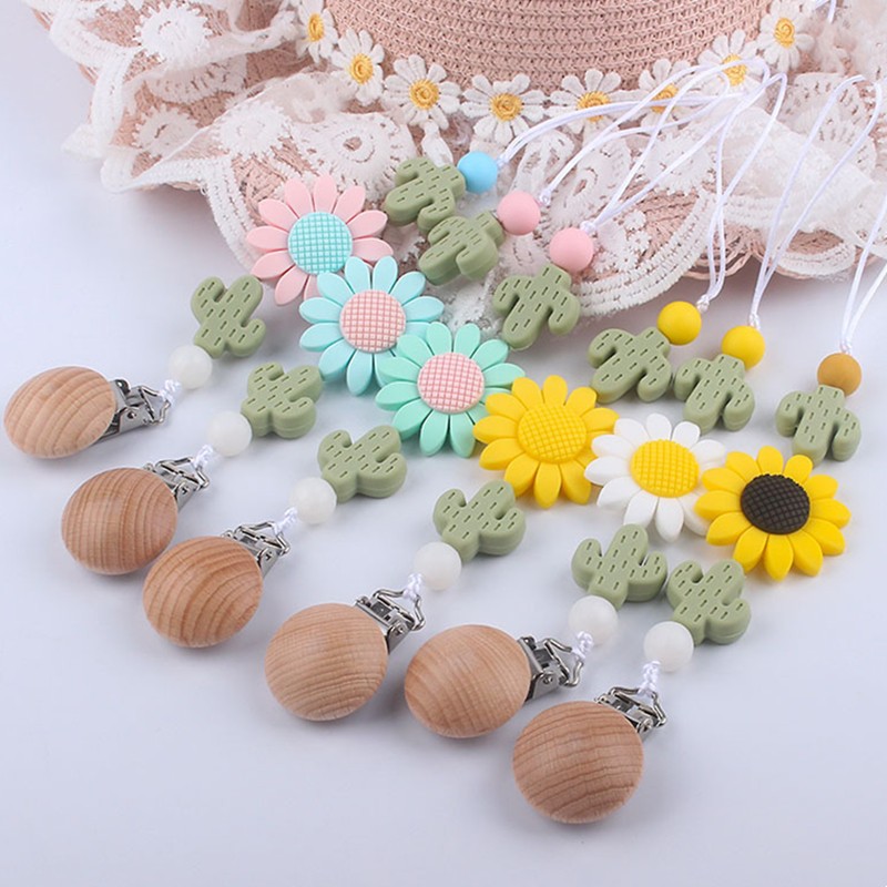 Baby Toddler Baby Doll Pacifier Silicone Cactus Sunflower Soother Nipple Clip Chain Strap Holder Chew Teether Toy Teething