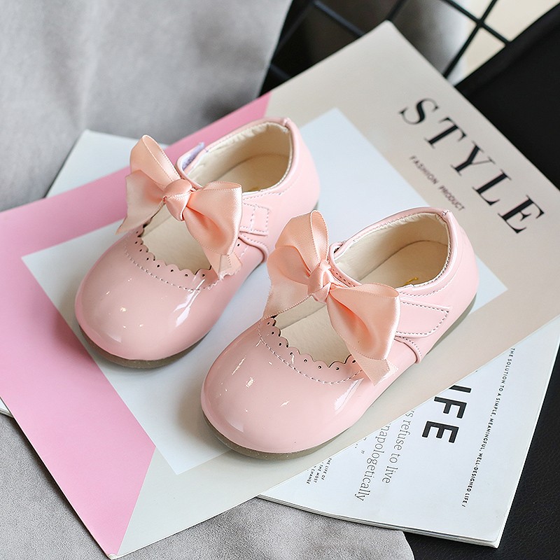 Girls Shiny Leather Bow Shoes Spring Autumn Solid Color Kids Princess Shoes Dance First Step Shoes SMG104