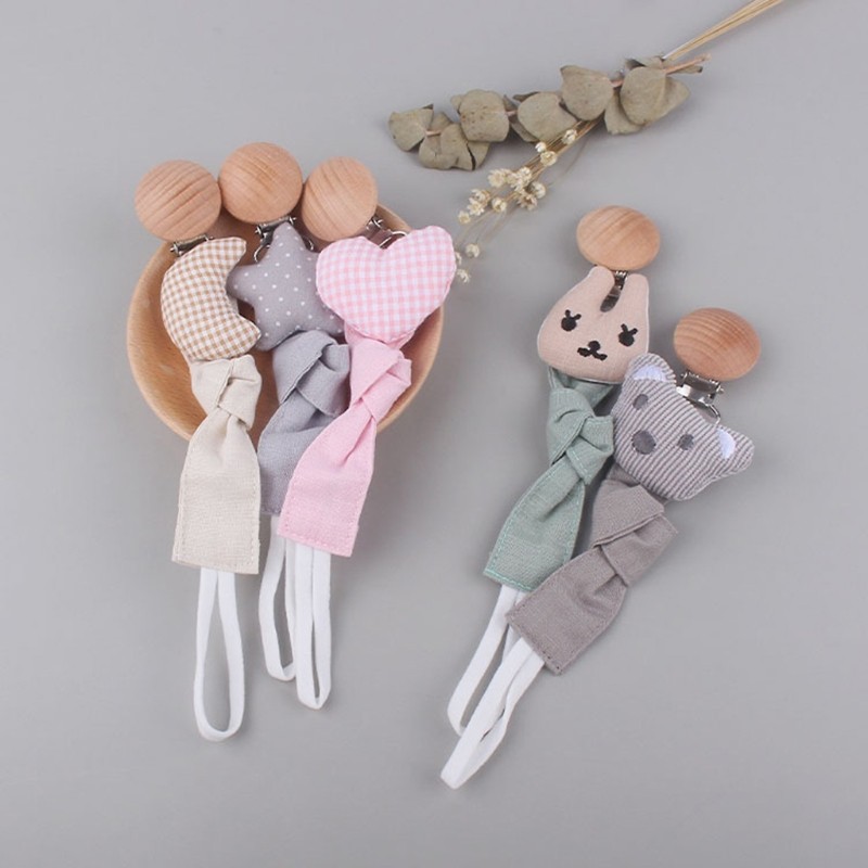 Baby Teether Buckle Beech Wood Cotton Linen Pacifier Chain Dummy Nipple Soother Holder Leash Belt for Newborn Babies