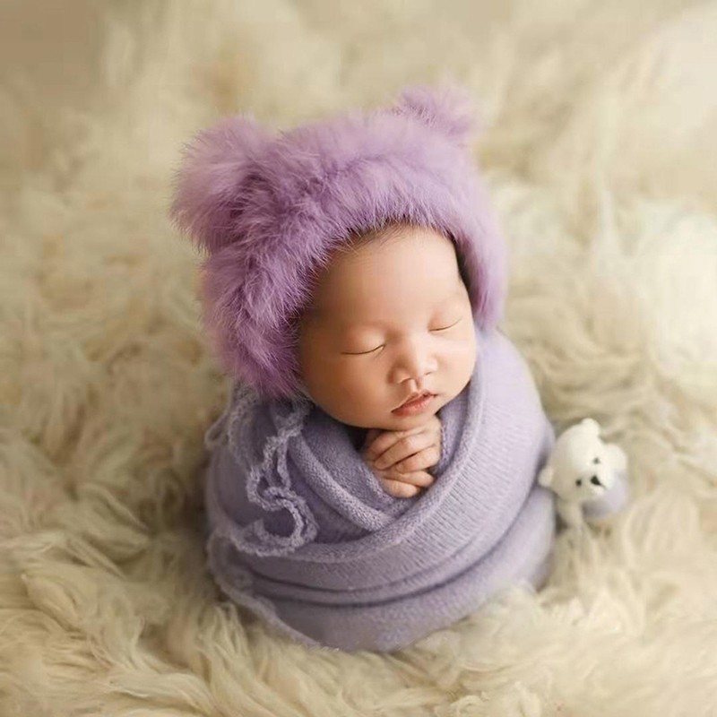 3pcs/set Newborn Infant Photography Wraps Knitted Baby Boys Girls Photo Props Faux Fur Hat Sturdy Stretch Blanket Bear Doll