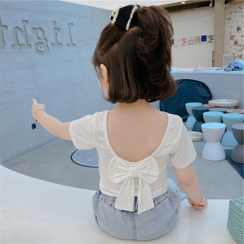 Children T-shirt for Girls Clothes Short Sleeve Back Bow-knot Baby Shirt Cotton 2022 Summer Solid Kids Clothes