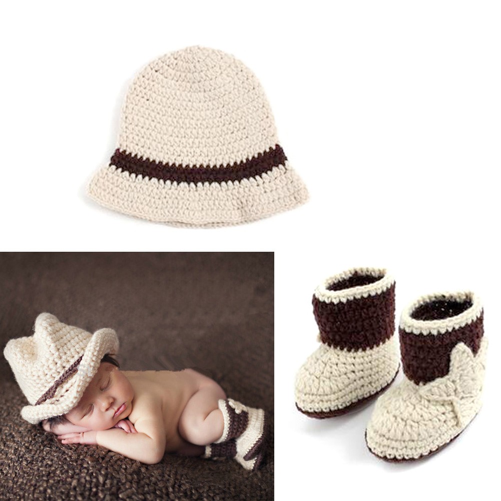 Newborn Baby Cute Cowboy Crochet Knit Costume Prop Outfits Photo Photography Baby Hat Photo Props Outfit