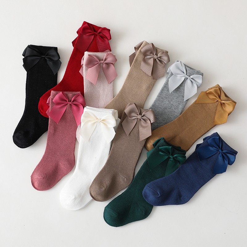 11 Color Spanish Style Baby Toddlers Socks Autumn Winter Children Girls Knee High Long Sock 100% Cotton Big Bow Kids Floor Socks