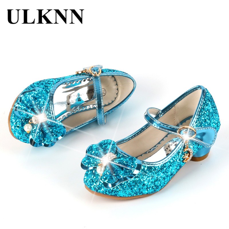 ULKNN-Girls Princess Leather Shoes Casual Floral Sequin High Heel Butterfly Bowknot Shoes Blue Pink Silver