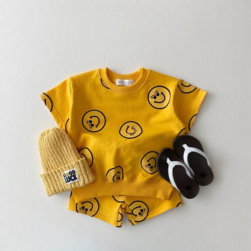 2021 Summer New Cotton Baby Clothes Set Boys and Girls Cute Smiley Print Tops + Shorts 2pcs Kids Children Clothing Suit