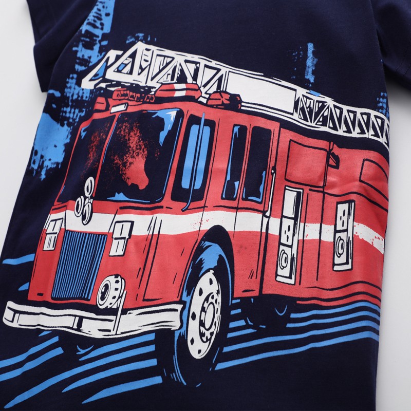 27 Kids Summer Boys Short Sleeve T-shirt Tops Clothes Fire Truck Pattern Children's Clothing Toddler Cotton Outfit 2-8Years