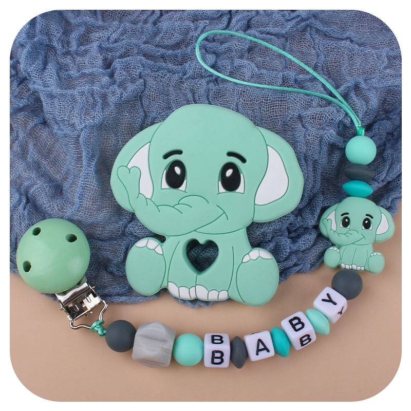 Customized Name Newborn Infant Baby Pacifier Clips Chain Elephant Silicone Beads Toy Teether Toy Doll Baby Holder Pacifier Chain