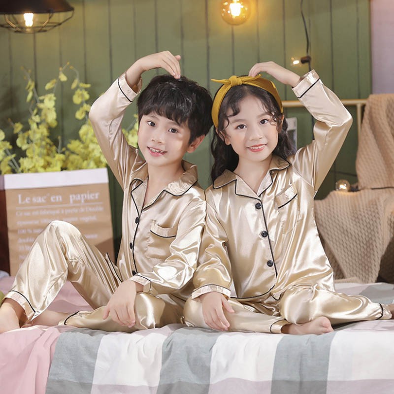 Silk Pajamas for Girls Boy Pajama Sets Summer Autumn Satin Long Sleeve Fashion Gray Pajama Toddler Kid Pajama Sleepwear Suit 3-14Y