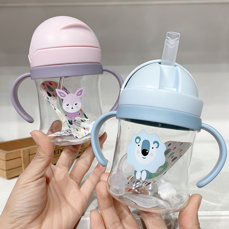 250ml Cartoon Style Outdoor Baby Drinking Bottle With Straw Baby Feeding Cup For Kids Training Portable Handle Water Bottle