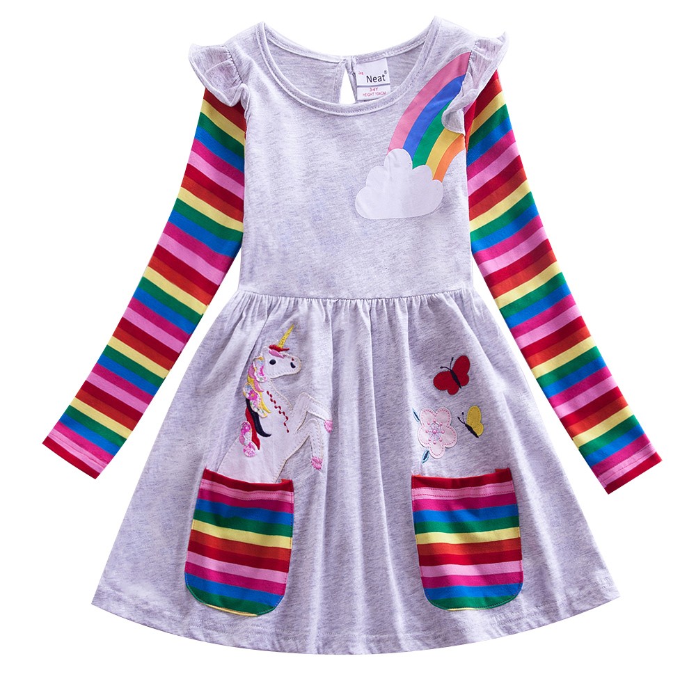 Girl Long Dresses New Autumn Spring Cartoon Girl Dress Casual Cotton Embroidered Girls Long Sleeve Unicorn Dress 81035