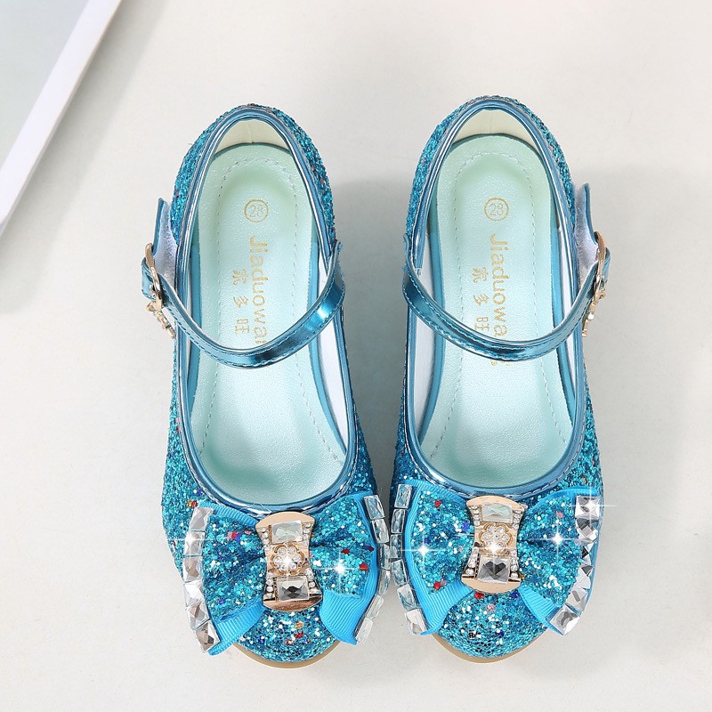 ULKNN-Children's leather shoes, casual high-heeled shoes with flowers and sequins, butterfly knot, blue, pink and silver, 2021