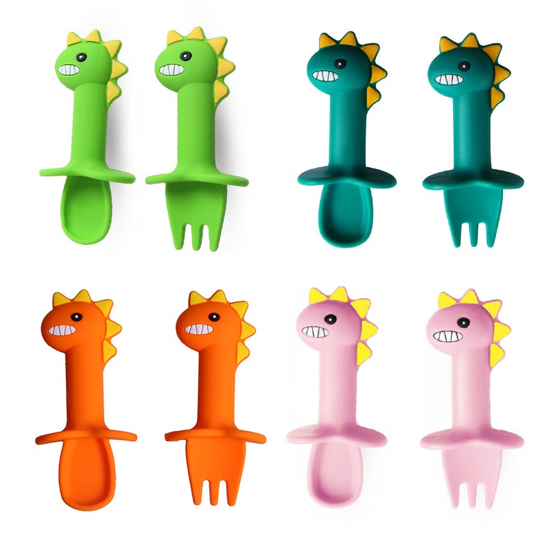 Baby Learn Spoon Fork Set Short Handle Easy Spoon Soft Silicone Utensil Toy Teether Feeding Tableware Dinosaur Spoon Tableware