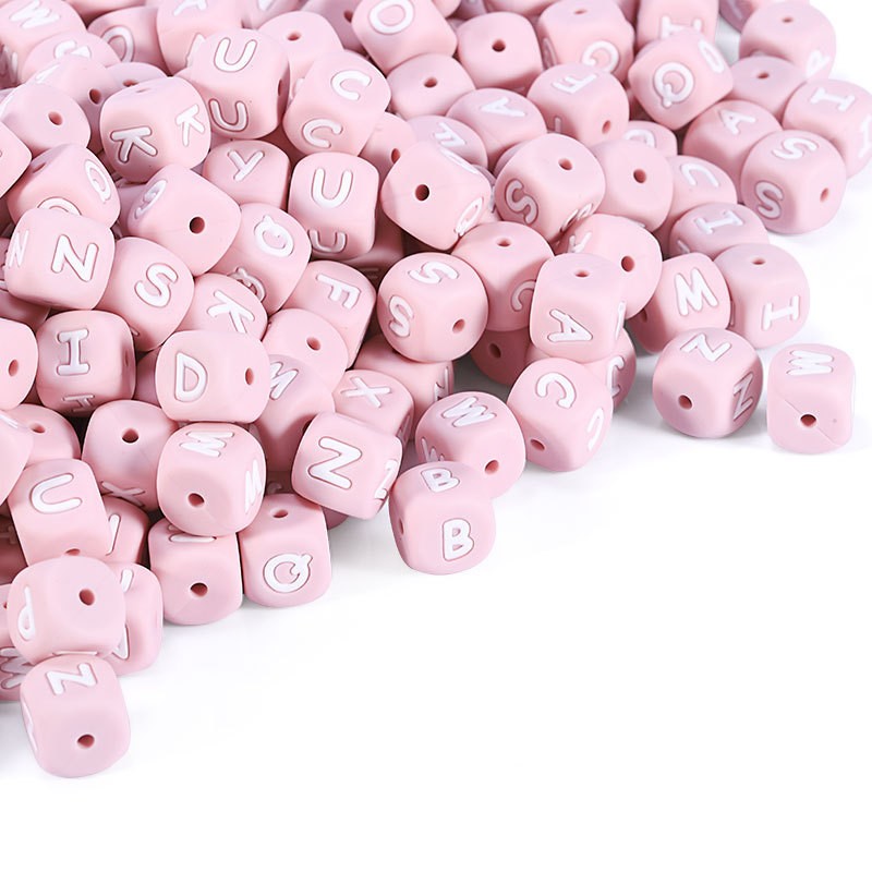 Kisstether 100pcs Silicone Teether Baby Toys Chew Pendant Decoration DIY Food Grade Silicone Letter Beads Pink Silicone Beads