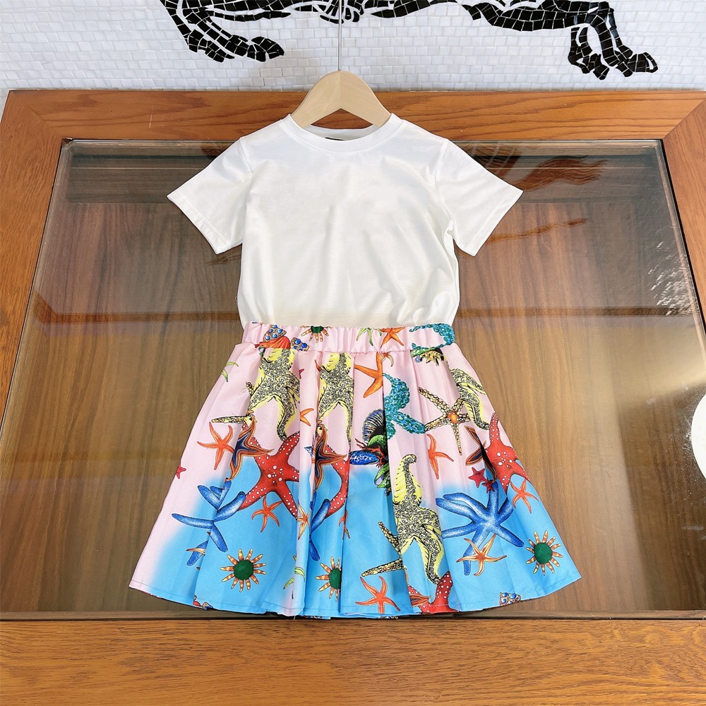 Designer Kids Girls Short Sleeve T-shirt + Starfish Print Pleated Skirt 2 Pieces Set Fluffy Kids Summer Clothes