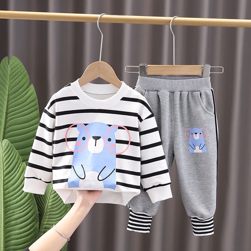 0-5 Years New Spring Children Girls Boys Cartoon Striped T-shirt Sports Pants 2pcs/set Kids Strips Toddler Clothes Cotton Suit