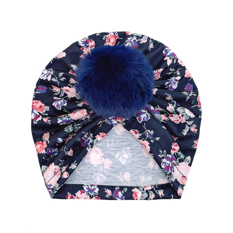 Cute Faux Fur Ball Baby Kids Turban Hat Floral Print Infant Headdress