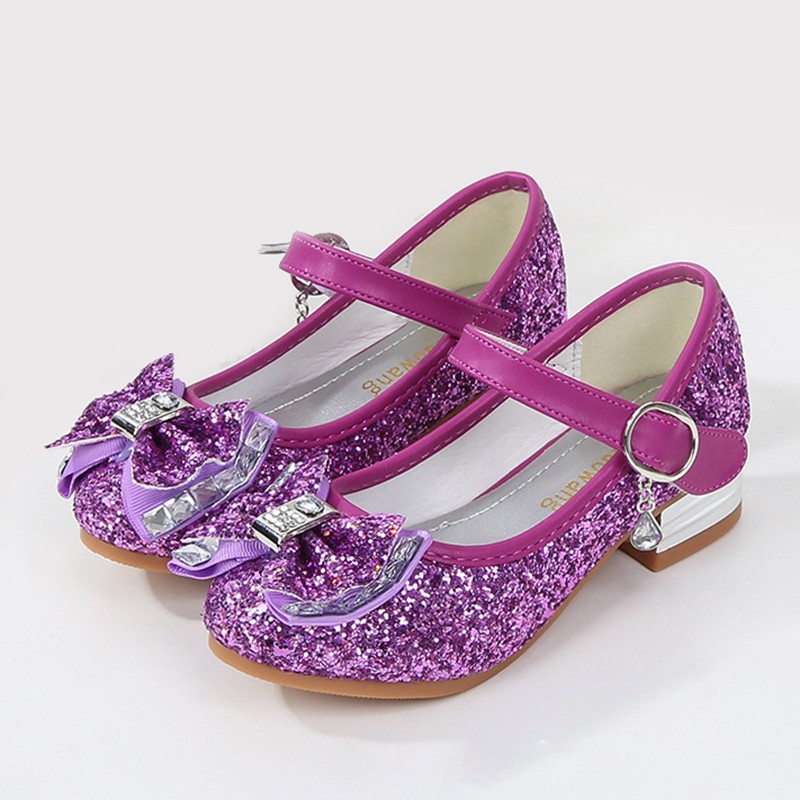 Princess pink shoes girls high heels 2022 children shoes new kids single shoes sequins students party blue dance shoe 23-38