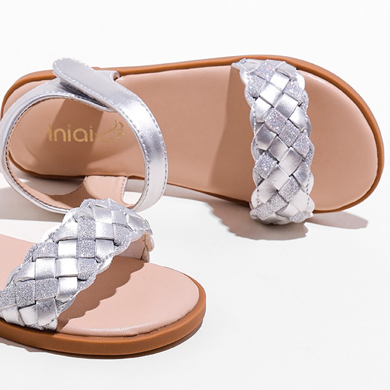 Children Sandals Microfiber Children Gold Beach Shoes Summer 2022 New Soft Light Sandals Princess Shoes Girls Silver Flat Shoes