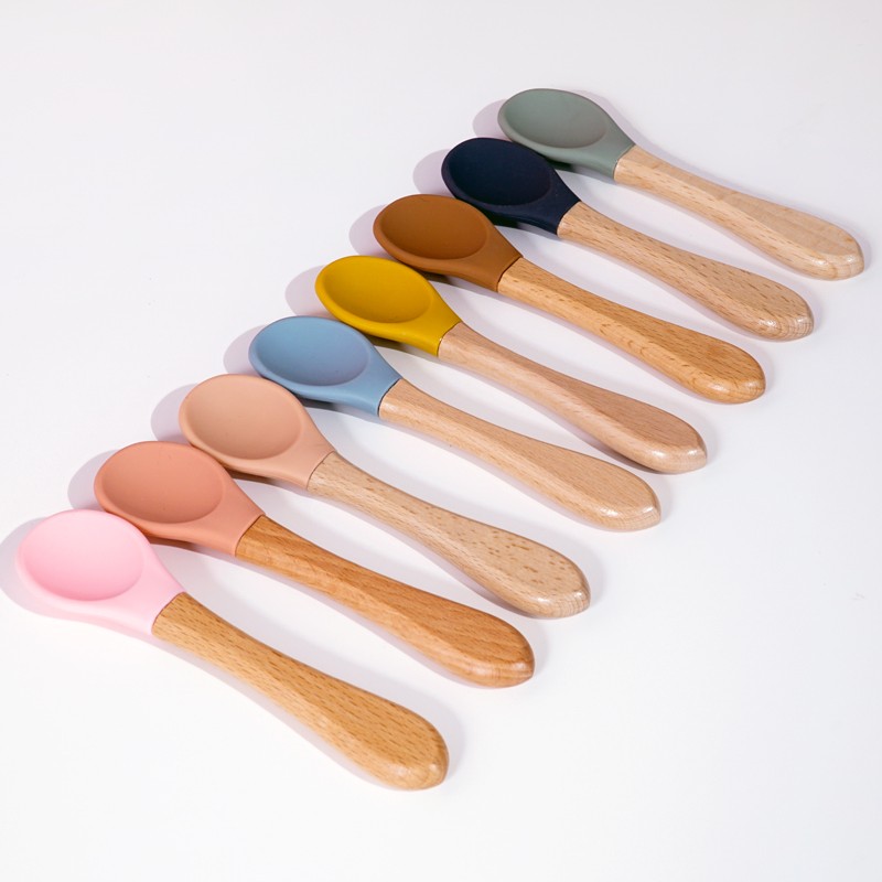 Wooden Feeding Handle Silicone Spoon For Baby Utensils Eat Soild Food Kids Training Ability Manipulation Children's Tableware