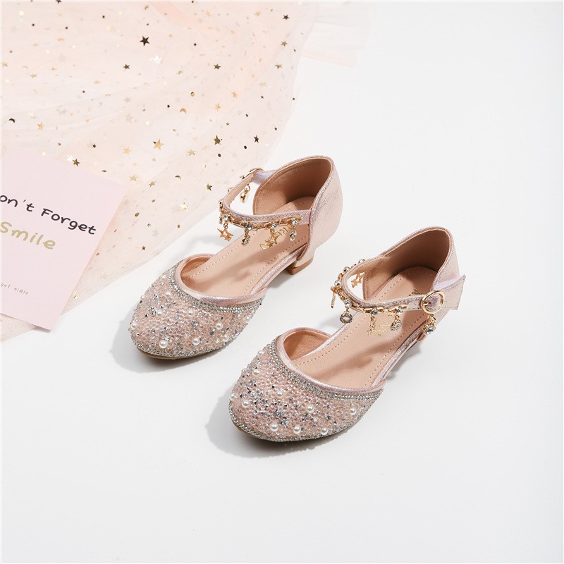 Girls-up sandal height students rhinestone princess shoes pink new shoes children's hollow glass slippers shiny girl dress