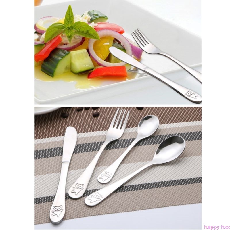 4pcs/set Baby Spoon Spoon Food Feeding Fork Knife Utensil Set Stainless Steel Kids Learning Eating Habit Children Tableware