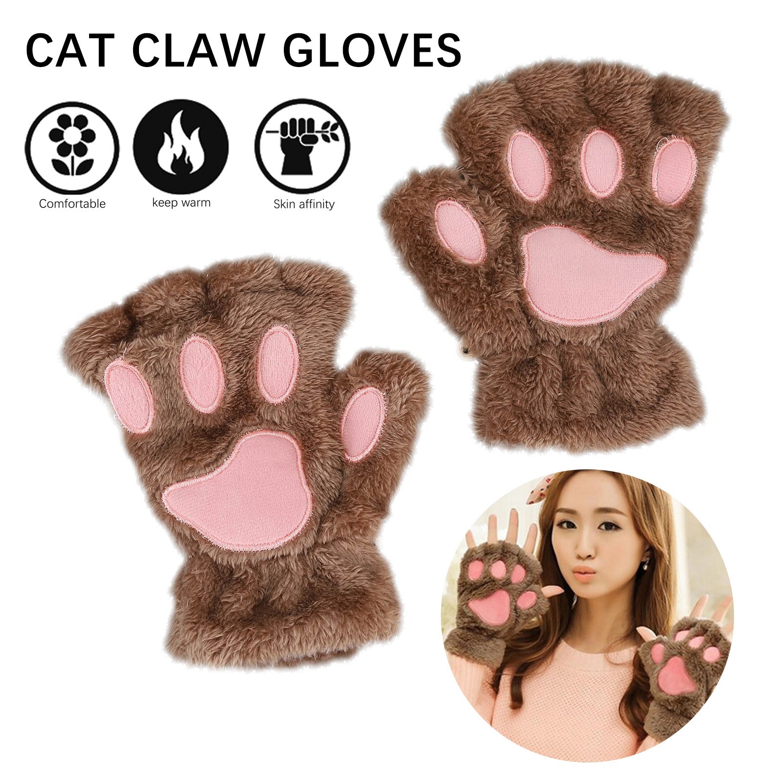 Cute Cat Paw Plush Fingerless Gloves Winter Warm Faux Fur Gloves Half Finger Gloves Lovely Bear Paw Gloves For Women Girls