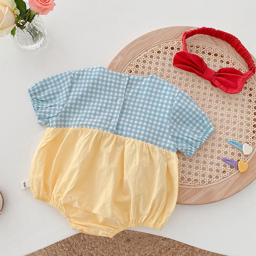 New arrival summer baby girl bodysuit cotton plaid patchwork bow newborn rompers princess birthday infant cloth with headband