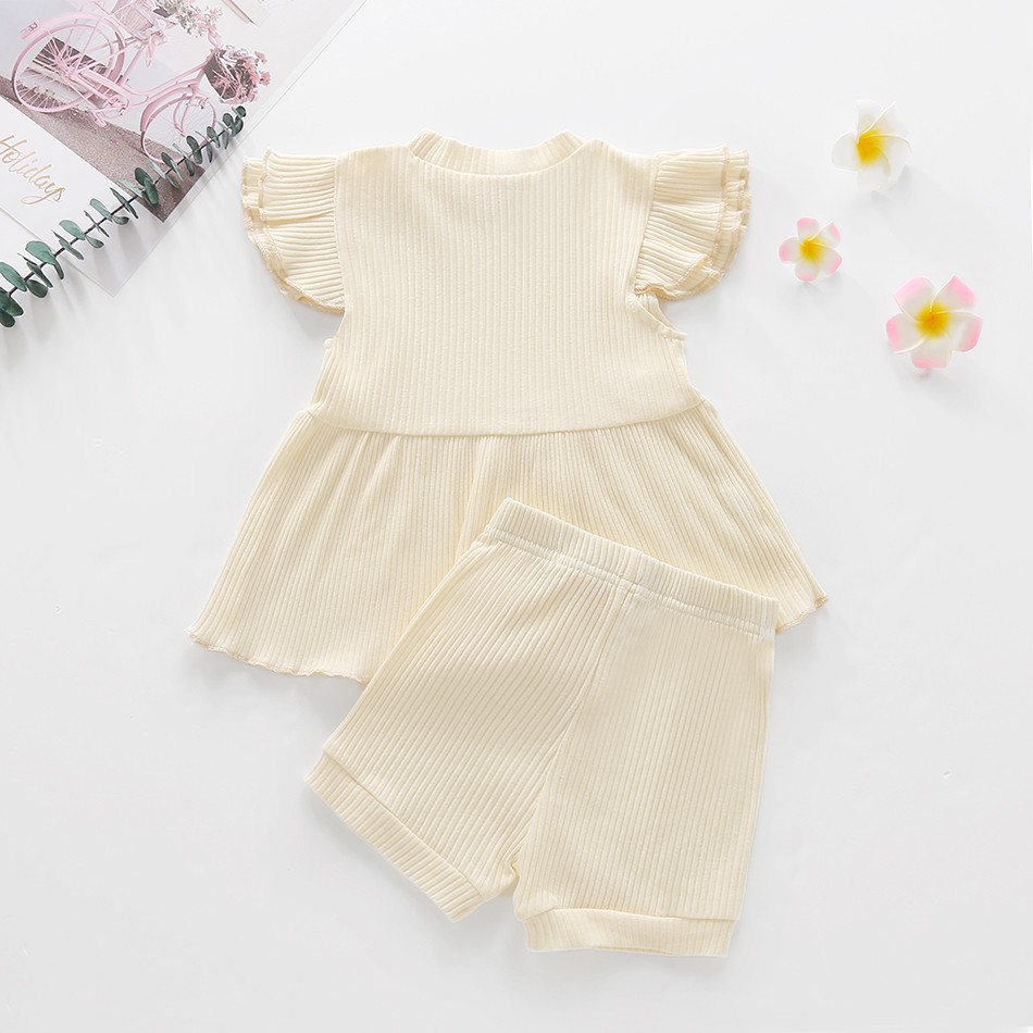 Muababi 1-5Years Children Girls Clothing Sets Summer Kids Girls Ruffles Sleeve Cotton Stripe T-shirt Tops+Shorts Casual Clothes