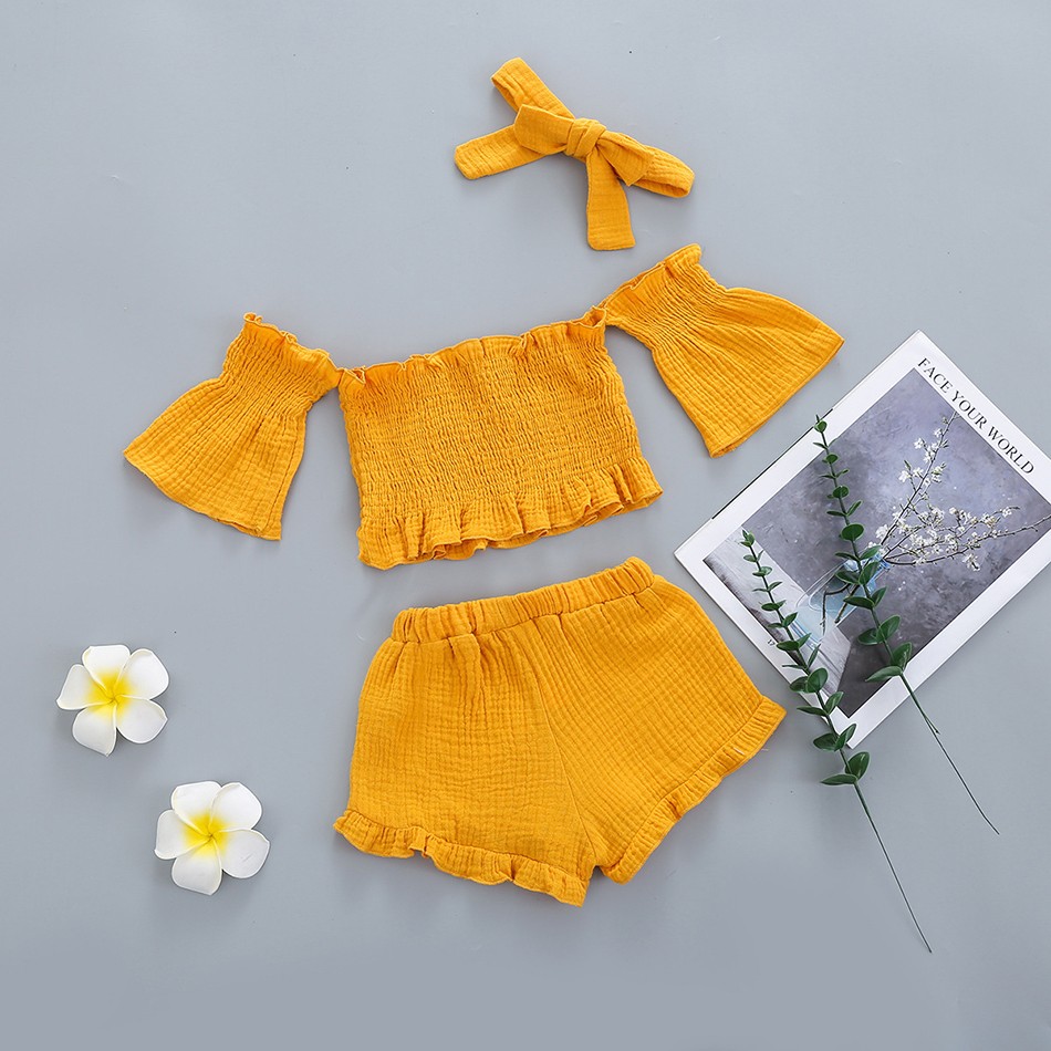 Infant Girls Clothes Baby Girl Toddler Off Shoulder Short Sleeve Tops Belt Pants Headband Outfit Sunsuit Kids Clothes Set 1-5y