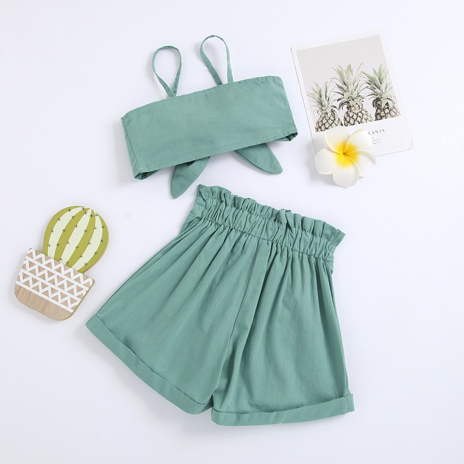 1-6y Infant Kids Baby Girls 2pcs Fashion Summer Clothes Set Bowknot Solid Crop Tops Vest Shorts Pants Outfits