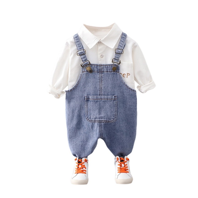 summer baby long sleeve denim shirt straps shorts casual suit boy clothing set children sets 1-4 years for baby