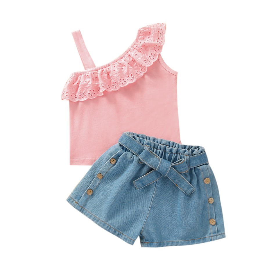 New Summer Girls Top + Denim Short Pants 2pcs Kids Outfits Clothes Toddler Children Costume For 1-6 Years