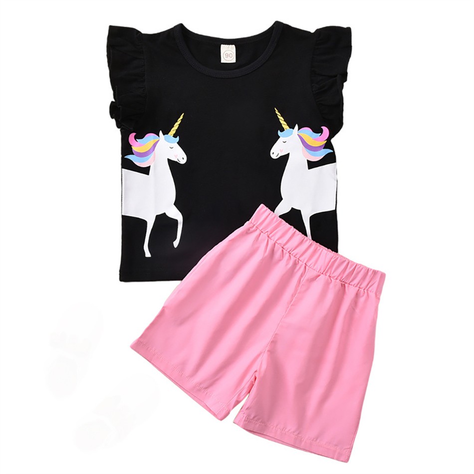 For 1-6 Years Girls Unicorn Outfit Clothes Summer Top Short Pants Kids Clothes 2pcs Baby Costume Children