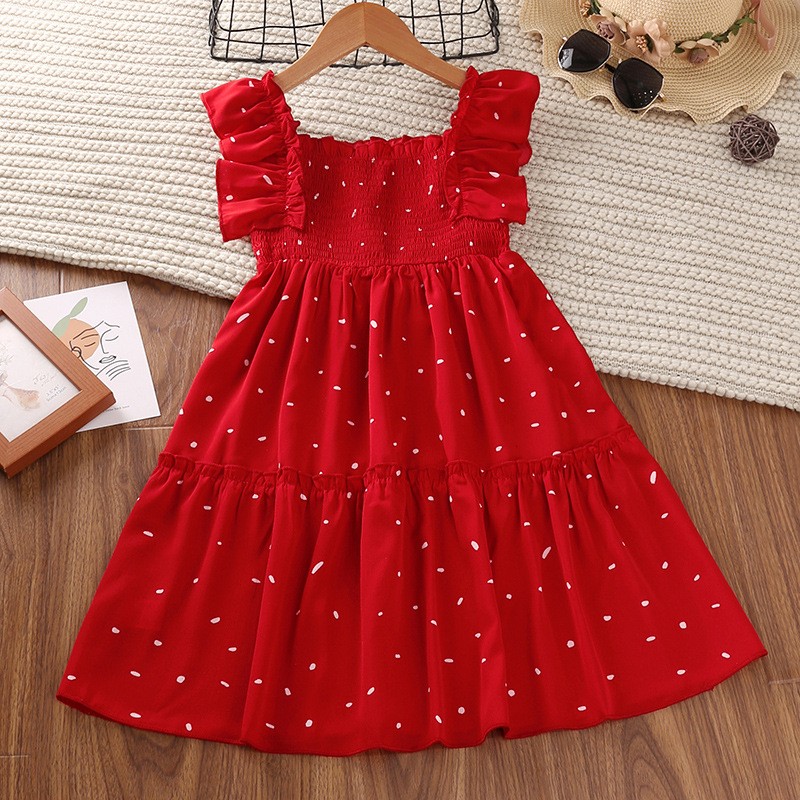 Girls Dot Red Dress Summer 4-11Y Young Children Square Collar Casual Clothing Kids Knee Length Short Sleeve Princess Dresses New