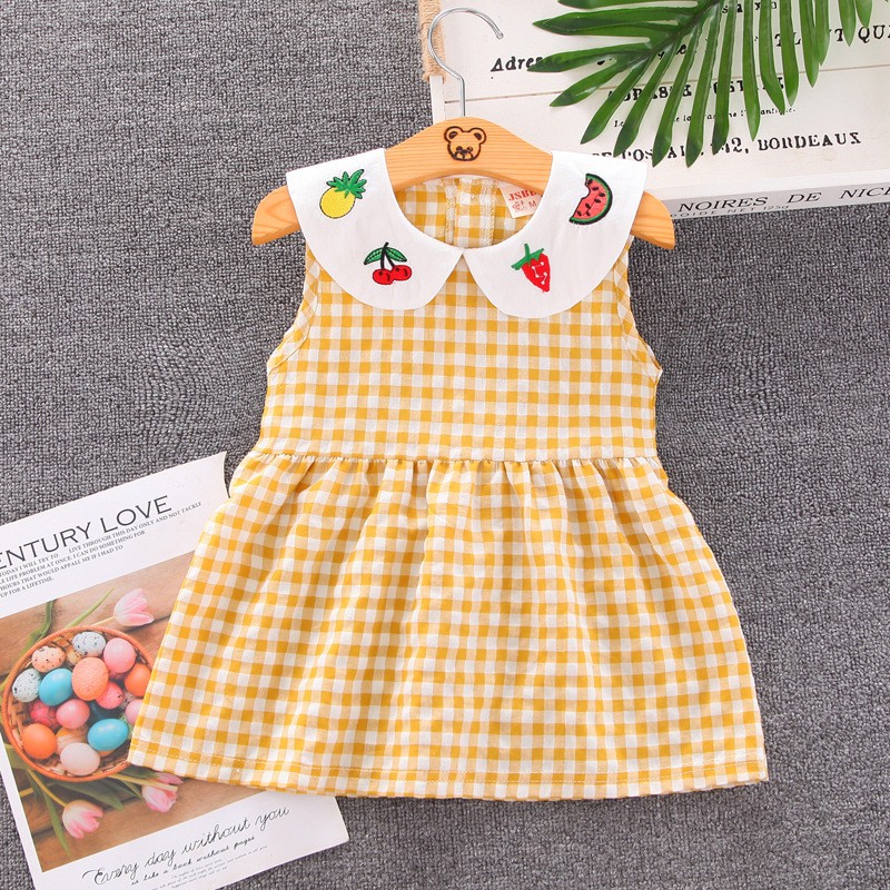 Summer Toddler Girls Sweet Dress 2021 New Casual Fashion Kids Plaid Skirt Baby Peter Pan Collar with Fruit Printed Clothing