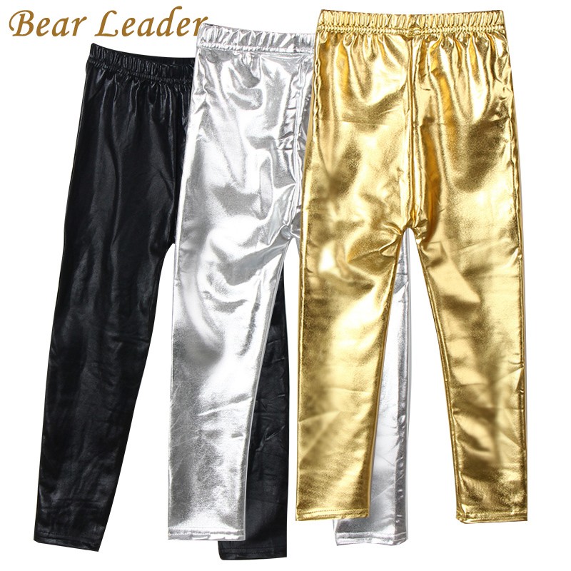 Bear Leader 2022 Spring New Style 4-8 Years Slim Gold Black Red Silver Kids Leather Pants Baby Girls Boys