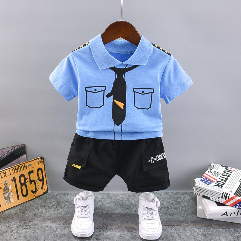 New Summer Baby Boys Handsome Captain Clothing Sets Baby Girls Print Cotton T-shirt + Shorts 2pcs Sets Kids Infant Clothes