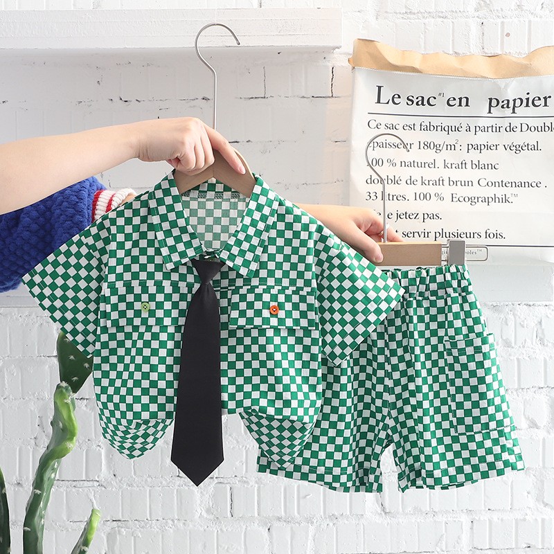 Summer cotton baby boy clothing sets infant birthday formal plaid shirt shorts 2pcs/set causal with tie tracksuit